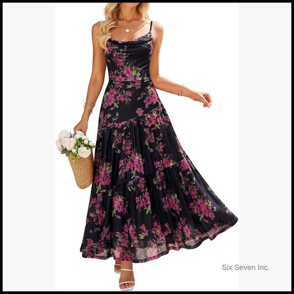 Dresses & Skirts - Mesh Spaghetti Strap Maxi Dress Floral Boho Beach Wedding Guest